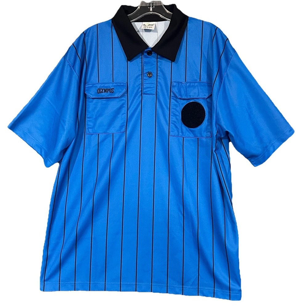 Olympus  Soccer Referee Polo Shirt Blue Striped Front Pockets Taiwan Size L
